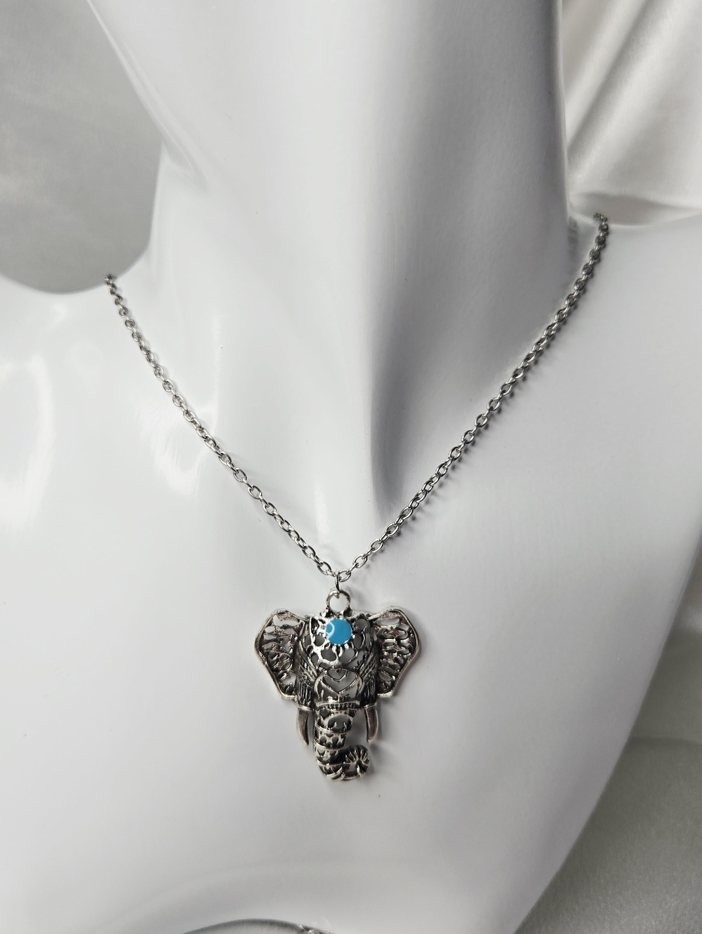 Silver Elephant Pendant Necklace with Turquoise Accent Boho Chic